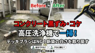 【家の顔が真っ黒】駐車場のコンクリートのコケ・黒ずみ撃退法！洗剤とデッキブラシの無力さと高圧洗浄の威力