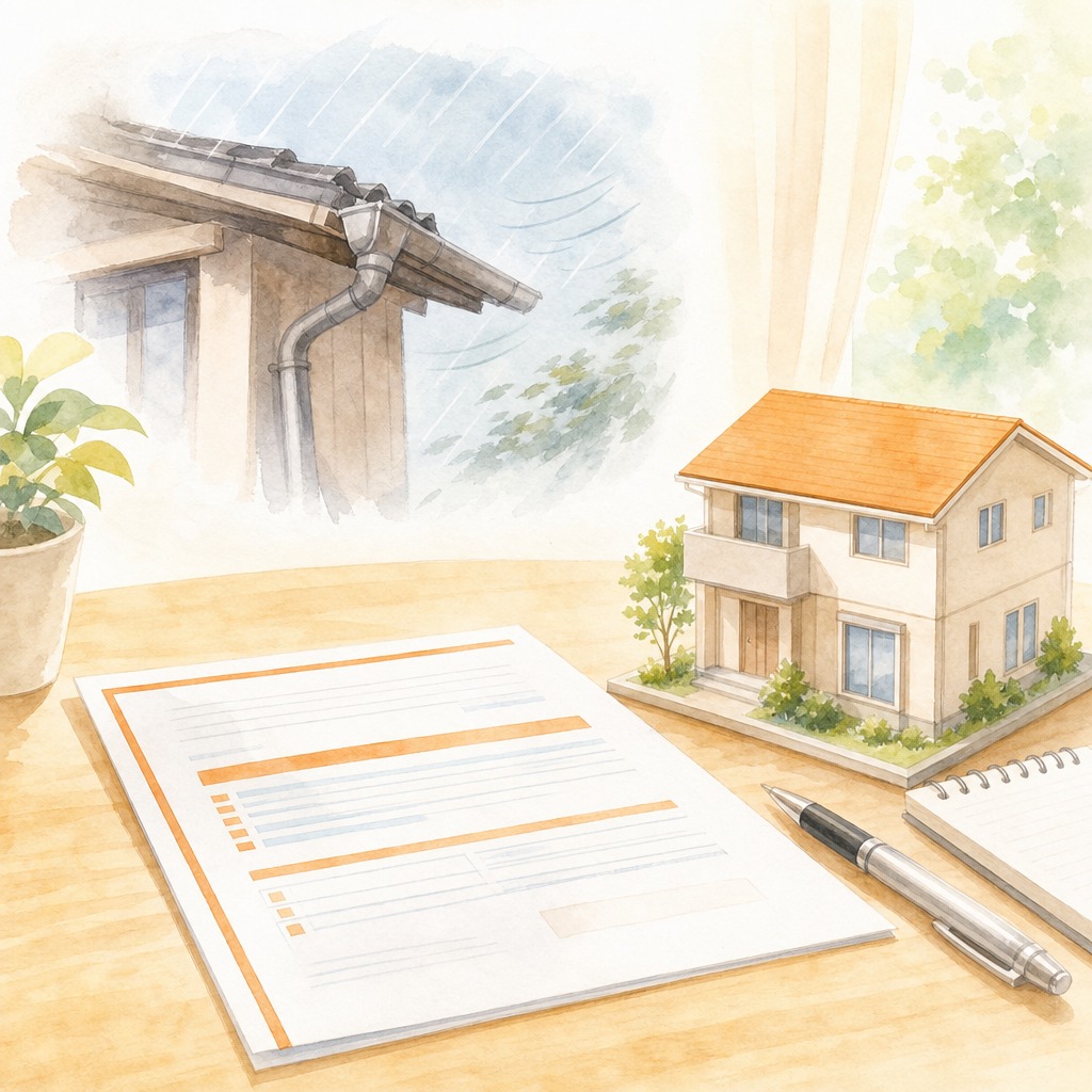 雨樋の風災特約・火災保険の証券書類と家の模型のイラスト