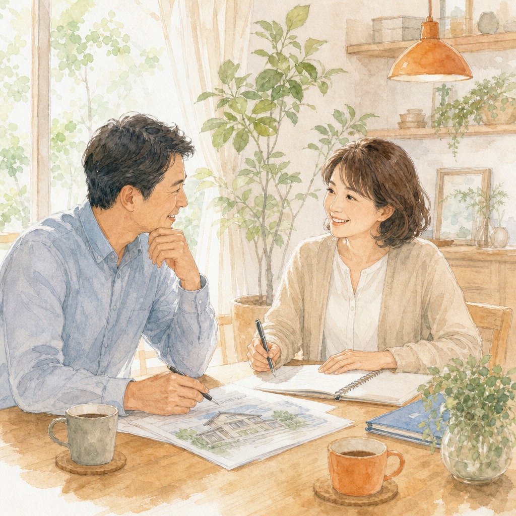 夫婦で家のメンテナンスについて穏やかに家族会議をするイラスト